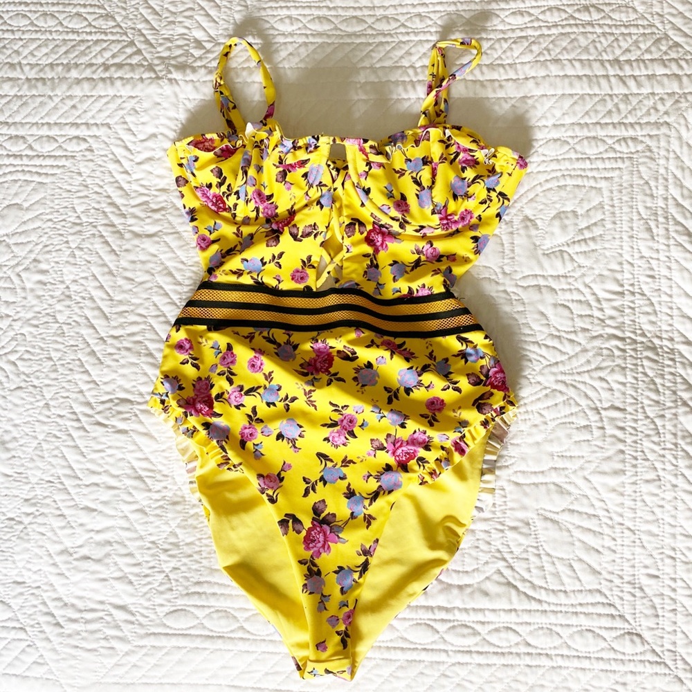 For Love And Lemons Yellow Floral One Piece Swimsuit